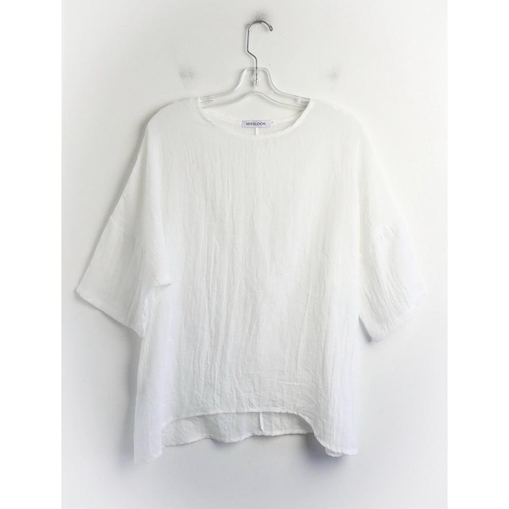 White lagenlook women loose fit top oversized tee S Misslook gauzy cotton sheer - Picture 2 of 10